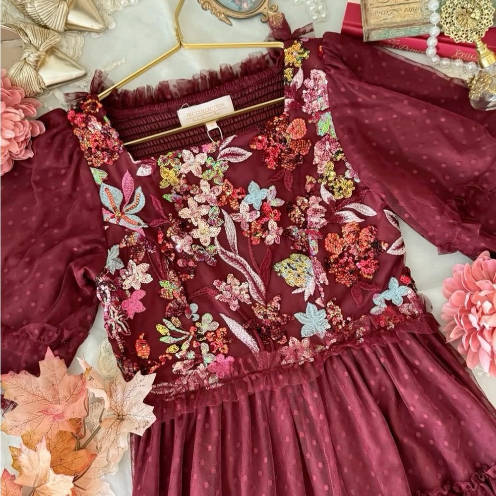 NWOT Embroidered Burgundy Maxi Dress with Ruffle Tiers